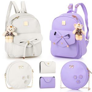 6 Pieces Mini Pu Leather Backpack Purse Set Cute Bowknot Small Backpack -_-